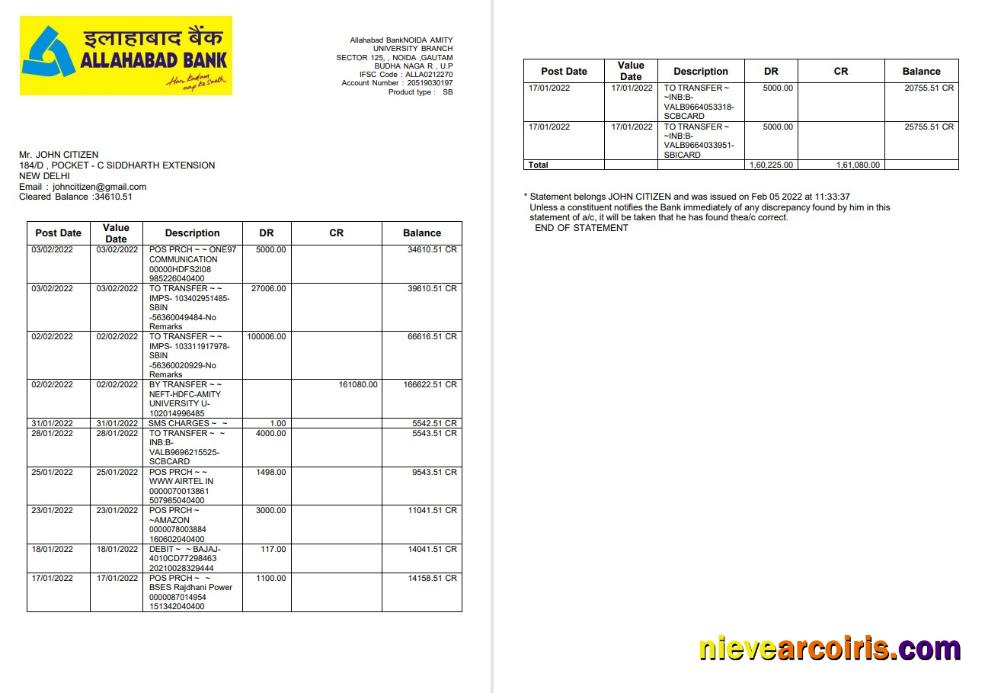 India Allahabad Bank statement 2 pages